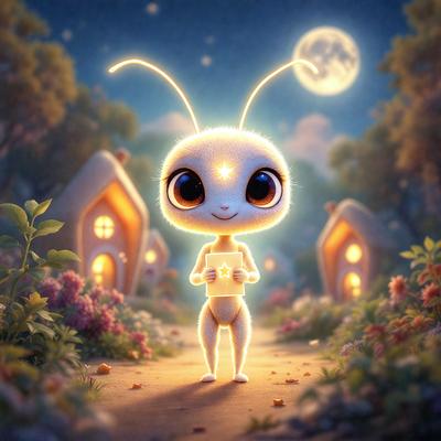 Primary subject: A small, cute, and lighted creature, possibly a fairy or a character from a children's story, is walking down a path.

Setting/background: The path is surrounded by a forest, with trees and flowers visible in the background. The scene is set at night, with a moon in the sky.

Visual style: The image is a digital art or illustration, featuring a whimsical and imaginative design.

Colors and mood: The colors in the image are predominantly dark, with the lighted creature being the main source of brightness. The overall atmosphere is magical and enchanting.